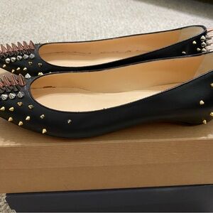 Auth Christian Louboutin Black and Gold Studded Flats